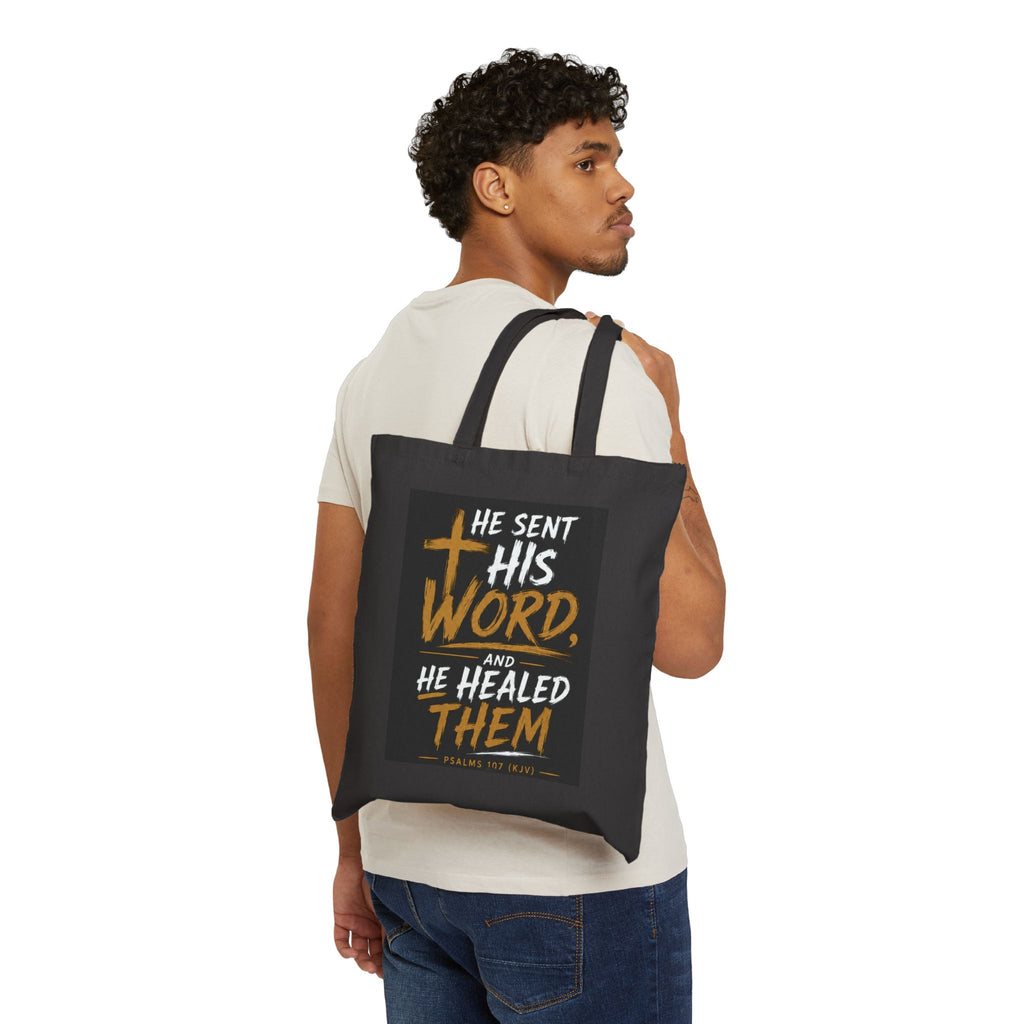 Canvas Tote Bag — “He Sent His Word and He Healed Them” Christian Scripture Grocery Tote