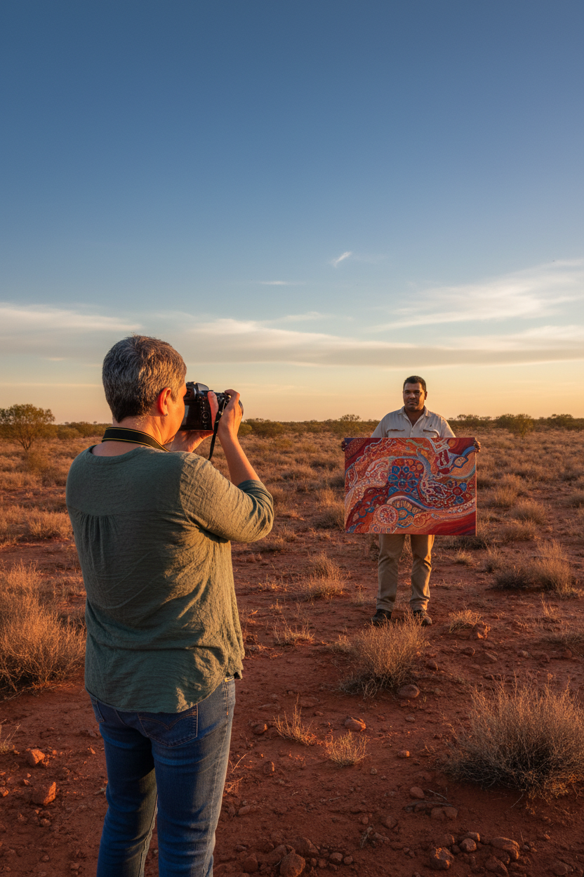 Photographing artist with canvas in Mt Isa outback